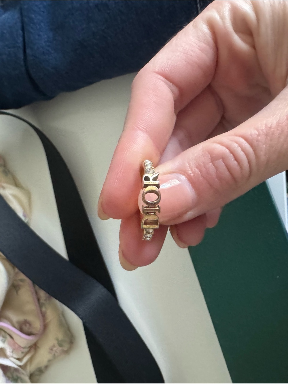 Dior Gold Logo Band Ring with Crystal Accents